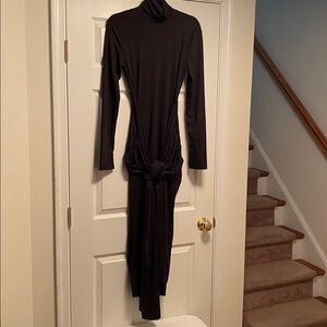 Heyheyshine Black Long Sleeve Bodycon Dress Ties in Front…size L